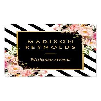 Small Modern Black White Stripes Pink Floral Gold Frame Square Business Card Front View