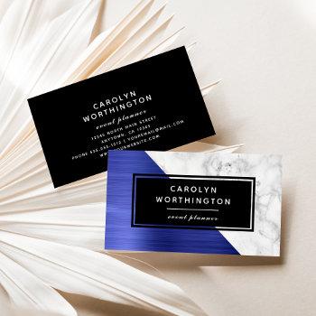 modern blue brushed foil white marble black business card
