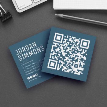 modern bold qr code simple stylish blue square business card