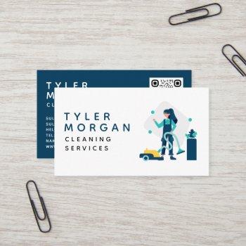 modern cartoon girl cleaning services business card