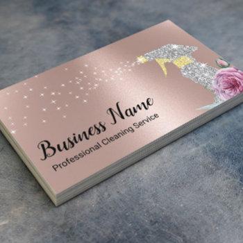 modern cleaning service silver spray rose gold business card