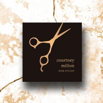 modern cool simple black faux gold hair stylist square business card