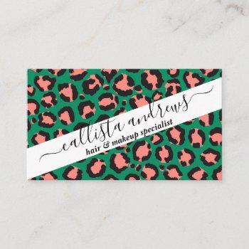 modern coral pink black green leopard animal print business card