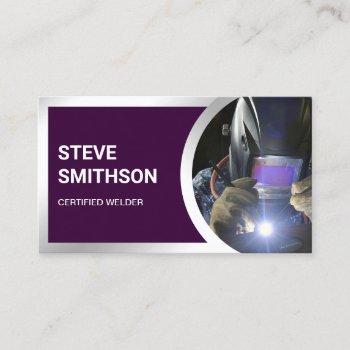 modern dark purple steel welding fabricator welder business card