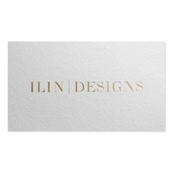 Small Modern Designer Minimal White & Gold Embossed Text Business Card Front View