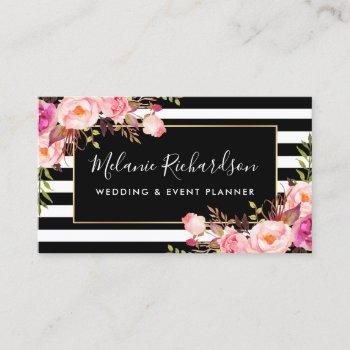 modern elegant black striped pink floral business card