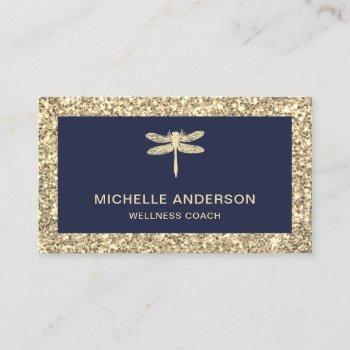 Small Modern Elegant Faux Cream Gold Glitter Dragonfly Business Card Front View