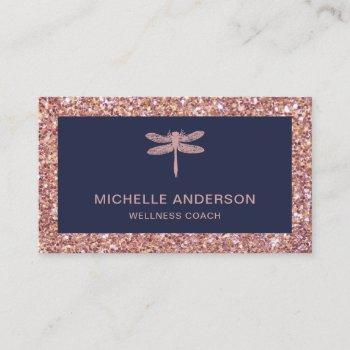 Small Modern Elegant Faux Rose Gold Glitter Dragonfly Business Card Front View