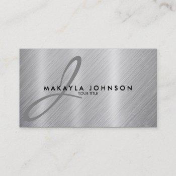 modern & elegant gray monogram brushed aluminum business card