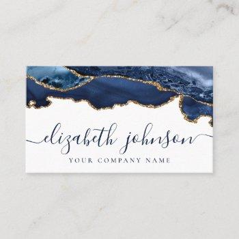 modern elegant navy blue gold glitter agate marble business card