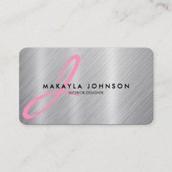 modern & elegant pink monogram brushed aluminum business card
