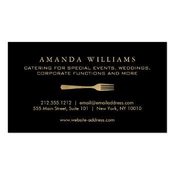 Small Modern Faux Gold Fork Catering Logo On Black Business Card Back View