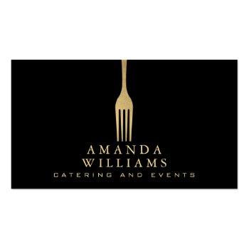 Small Modern Faux Gold Fork Catering Logo On Black Business Card Front View