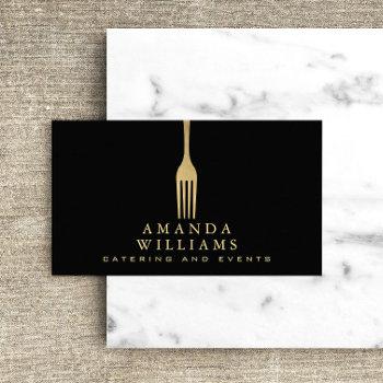 modern faux gold fork catering logo on black business card