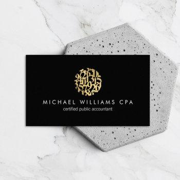 modern faux gold numbers logo accountant black business card