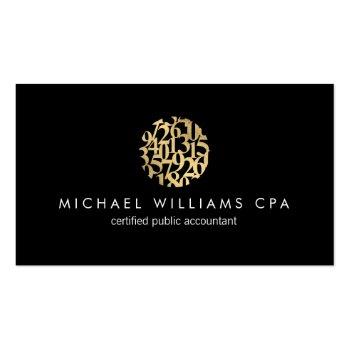 Small Modern Faux Gold Numbers Logo Accountant Black Business Card Front View