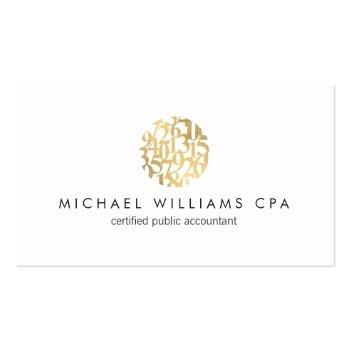 Small Modern Faux Gold Numbers Logo Accountant Business Card Front View