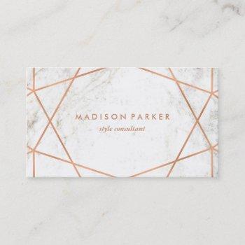 modern faux rose gold geometric on white marble business card