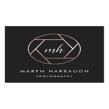 Small Modern Faux Rose Gold Photographer Monogram Logo Square Business Card Front View
