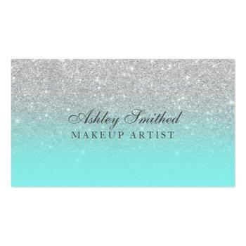 Small Modern Faux Silver Glitter Teal Ocean Makeup Business Card Front View