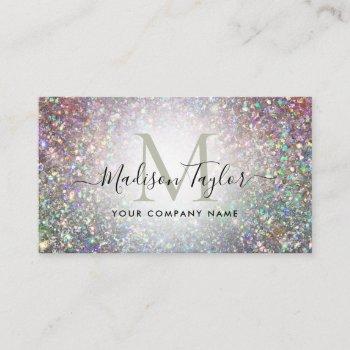 modern glam holographic glitter sparkle monogram business card