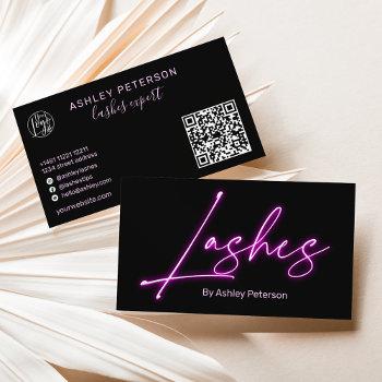 modern glam purple neon lashes script logo qr code business card