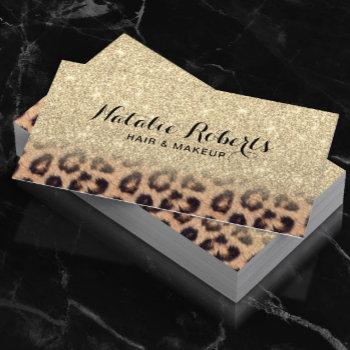 modern gold glitter leopard print beauty salon business card