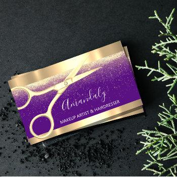 modern hairdresser scissors coiffeur gold purple business card