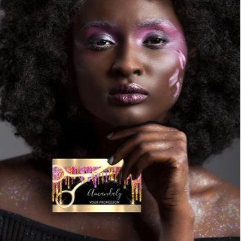 modern hairdresser scissors purple glitter black business card