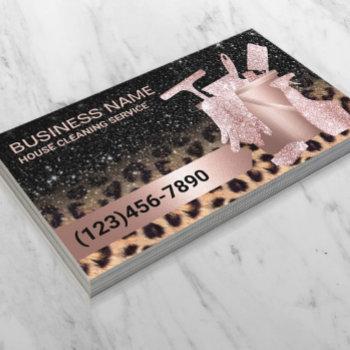 modern house cleaning leopard & rose gold glitter  business card