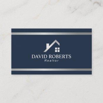 modern house logo real estate realtor navy silver business card