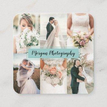modern light teal photographer photo collage plain square business card