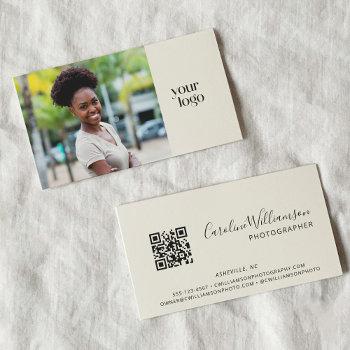 Small Modern Logo Boho Qr Code Photo Black And White Business Card Front View