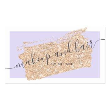 Small Modern Makeup Hair Gold Glitter Lavender Frame Business Card Front View