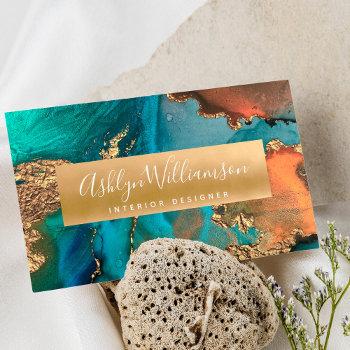 modern marble watercolor turquoise orange & gold business card
