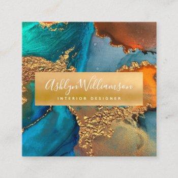 modern marble watercolor turquoise orange gold square business card