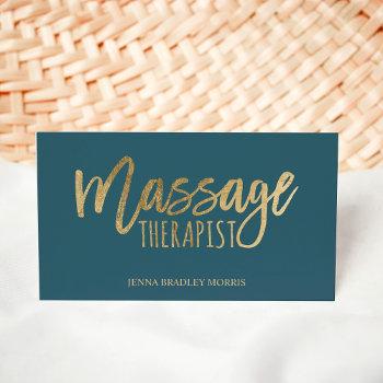 modern massage therapist script chic gold blue business card