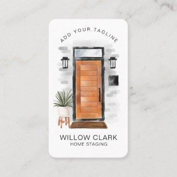 modern mid-century watercolor wooden front door business card