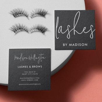 modern minimal solid black script beauty lashes square business card