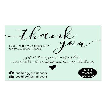 Small Modern Minimalist Mint Teal Order Thank You Square Business Card Front View