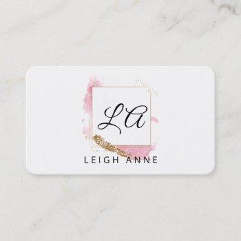 modern monogram pink gold watercolor square business card