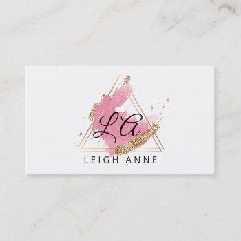 modern monogram pink gold watercolor triangle business card