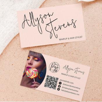 modern name bold script makeup hair logo qr pink business card