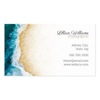 Small Modern Ocean Teal Waves Gold Glitter Ombre Coast Business Card Back View