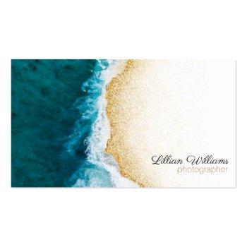Small Modern Ocean Teal Waves Gold Glitter Ombre Coast Business Card Front View