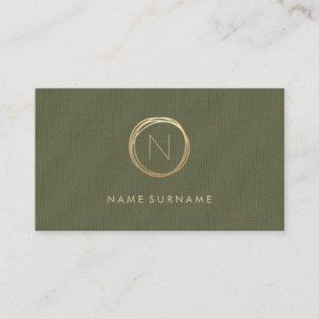 modern olive green linen elegant gold monogram business card