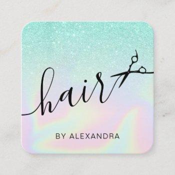 modern ombre mint holographic hairstylist square business card
