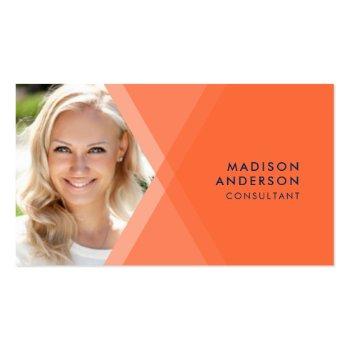Small Modern Orange And Blue Layered Geometric Photo Business Card Front View