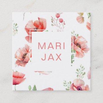 modern painterly blush poppy flower and white square business card