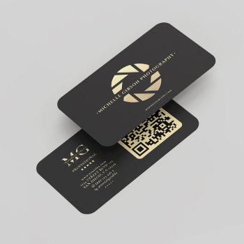 modern photographer monogram black gold camera business card